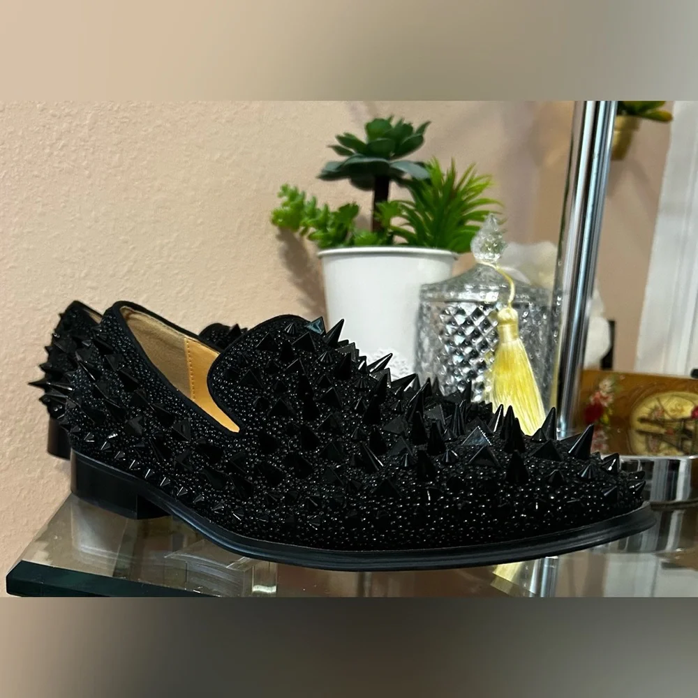 Black with Red Bottom Soles Spiked Studded Rivets Slip On Dress Shoes/Loafers 41 - Picture 9 of 16